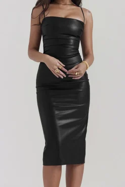 Faux Leather Slip Lace Up Midi Dress