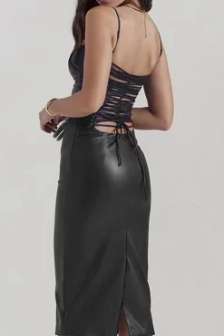 Faux Leather Slip Lace Up Midi Dress