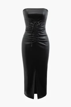 Faux Leather Strapless Drawstring Split Midi Dress