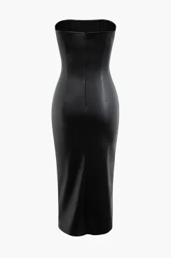 Faux Leather Strapless Drawstring Split Midi Dress