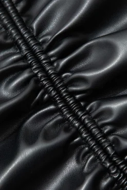 Faux Leather Strapless Drawstring Split Midi Dress