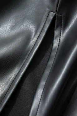 Faux Leather Strapless Drawstring Split Midi Dress