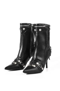 Faux Leather Studded Pointed Toe Ankle Boots
