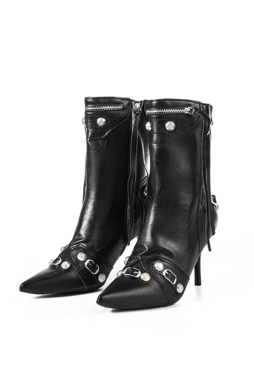 Faux Leather Studded Pointed Toe Ankle Boots