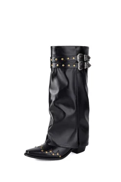 Faux Leather Studded Pointed Toe Mid Calf Boots
