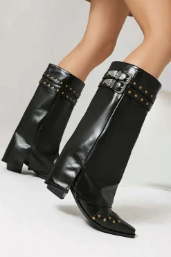 Faux Leather Studded Pointed Toe Mid Calf Boots