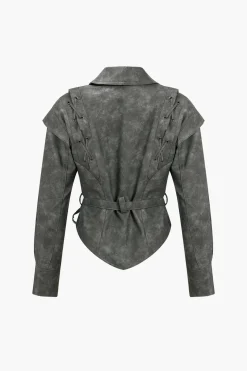 Faux Leather Tie Front Crossed Button Jacket