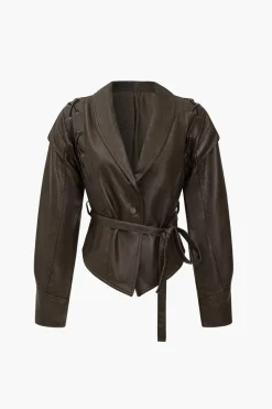 Faux Leather Tie Front Crossed Button Jacket