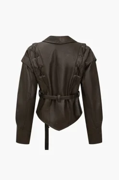 Faux Leather Tie Front Crossed Button Jacket