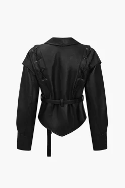 Faux Leather Tie Front Crossed Button Jacket