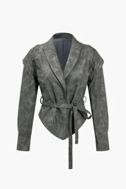 Faux Leather Tie Front Crossed Button Jacket