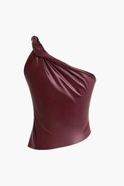Faux Leather Twist One-Shoulder Tank Top