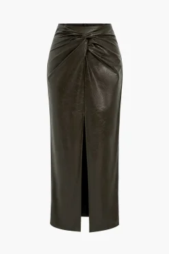 Faux Leather Twist Slit Skirt
