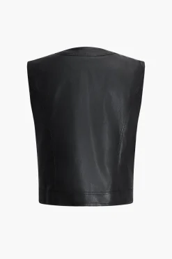 Faux Leather Vest With Pocket And Button