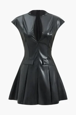 Faux Leather V-Neck Mini Dress With Fake Pockets