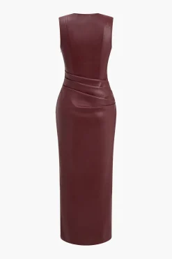 Faux Leather V-neck Ruched Maxi Dress