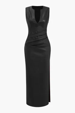 Faux Leather V-neck Ruched Maxi Dress