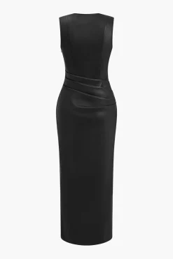 Faux Leather V-neck Ruched Maxi Dress
