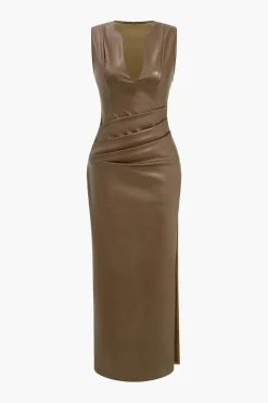 Faux Leather V-neck Ruched Maxi Dress