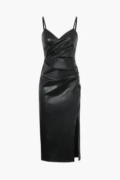 Faux Leather V-Neck Ruched Slit Midi Dress