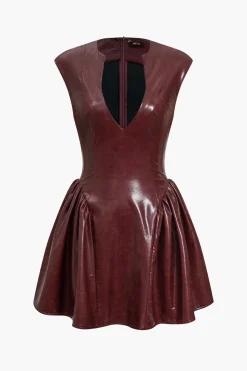Faux Leather V-neck Ruched Mini Dress
