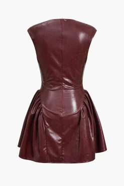 Faux Leather V-neck Ruched Mini Dress