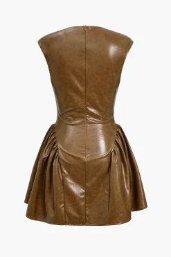 Faux Leather V-neck Ruched Mini Dress
