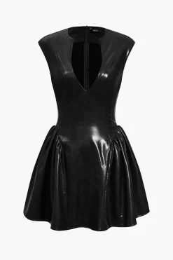 Faux Leather V-neck Ruched Mini Dress