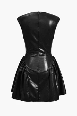 Faux Leather V-neck Ruched Mini Dress