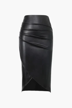Faux Leather Wrap Ruched Midi Skirt