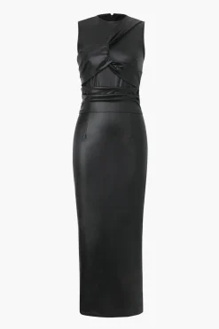 Faux Leather Wrap Sleeveless Ruched Slit Midi Dress