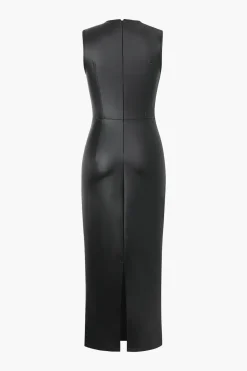 Faux Leather Wrap Sleeveless Ruched Slit Midi Dress