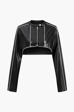 Faux Leather Zipper Detail Contrast Binding Jacket