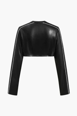 Faux Leather Zipper Detail Contrast Binding Jacket