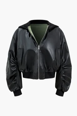 Faux Leather Zipper Hooded Pocket Long-Sleeve Jacket
