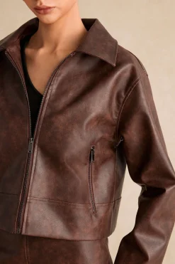 Faux Leather Zipper Long Sleeve Jacket