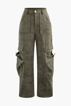 Faux Suede Multi Pocket Straight Leg Cargo Pants