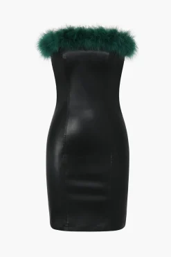 Feather Neckline Leather Mini Dress