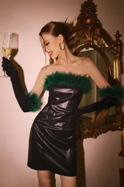 Feather Neckline Leather Mini Dress