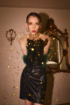 Feather Neckline Leather Mini Dress