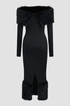 Feather Off Shoulder Long Sleeve Maxi Dress