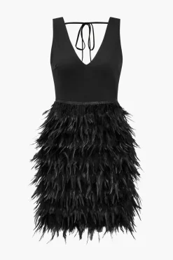 Feather V-Neck Tie-Up Sleeveless Mini Dress