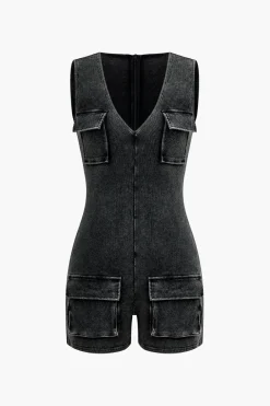 Flap Pocket V-neck Romper