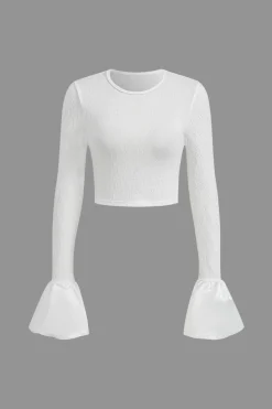 Flared Cuff Textured Long Sleeve Crop Top