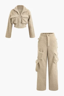Fleece Collar Flap Pocket Zip Up Long Sleeve Top And Straight Leg Cargo Pants Set