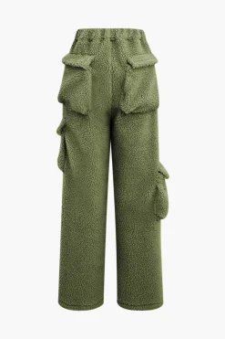 Fleece Collar Flap Pocket Zip Up Long Sleeve Top And Straight Leg Cargo Pants Set