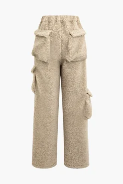 Fleece Collar Flap Pocket Zip Up Long Sleeve Top And Straight Leg Cargo Pants Set