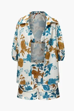 Floral Bra Top And Pocket Shorts And Shirt 3PC Set