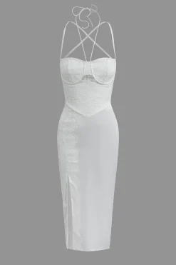 Floral Embroider Lace Crossed Backless Bustier Midi Dress