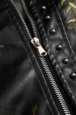 Floral Embroidery Faux Leather Zipper Long Sleeve Jacket